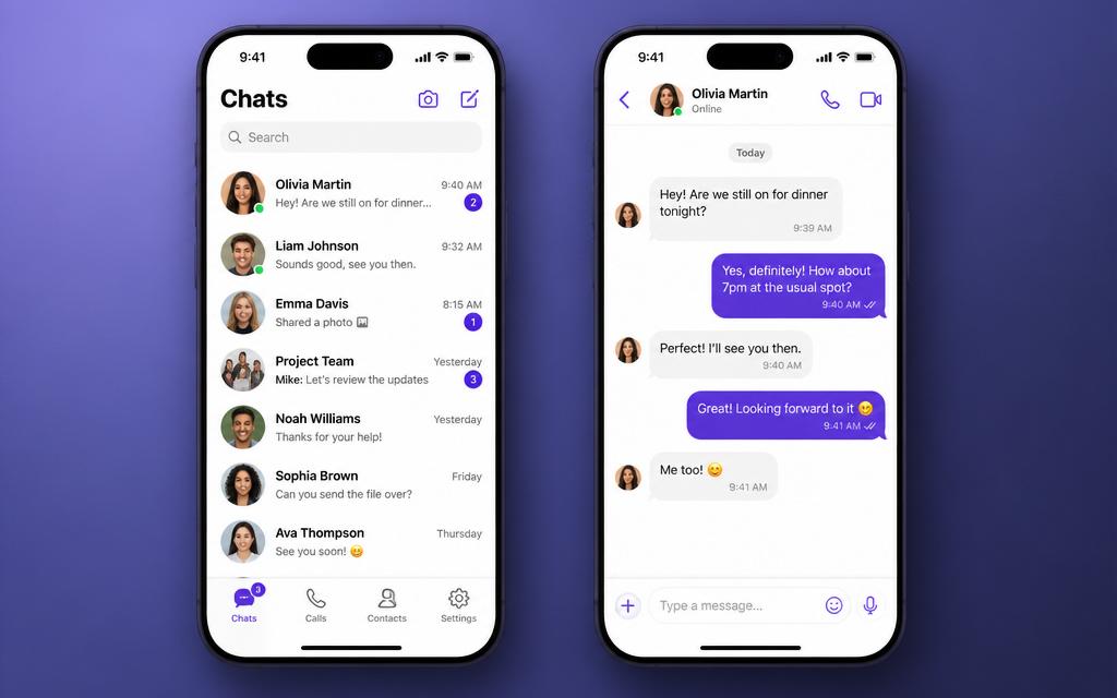 Chat app UI template — Mobile-first chat interface with conversation list and composer.