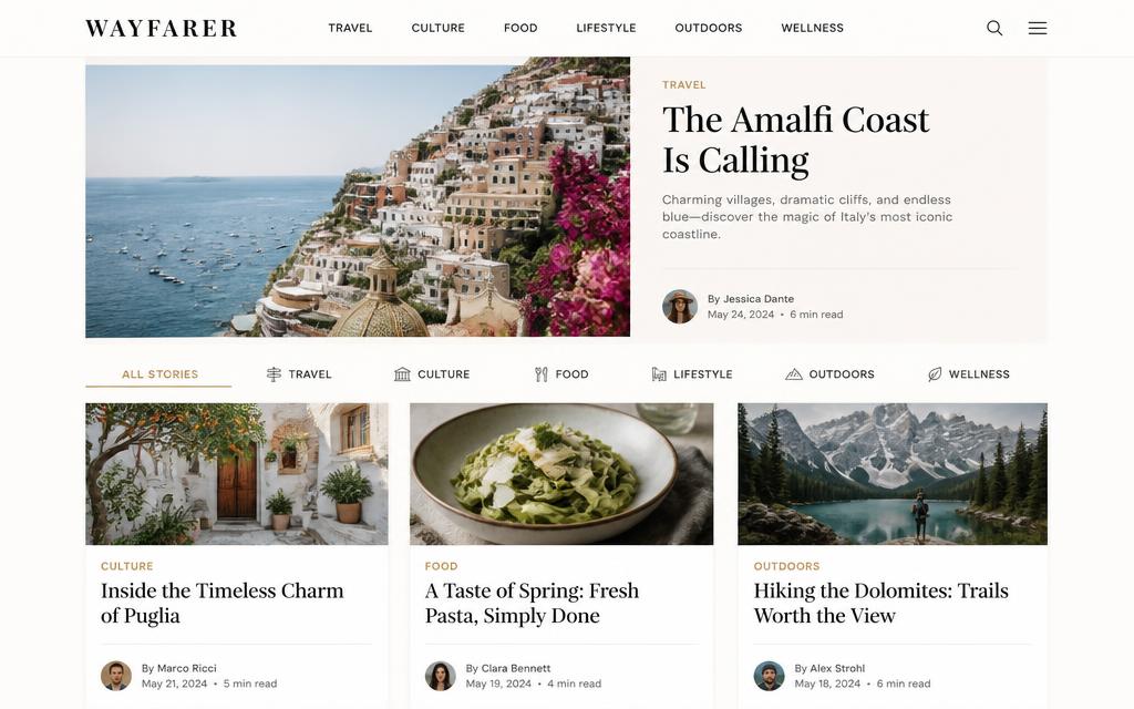 Magazine-style blog template — Featured post, category grid, and article page.