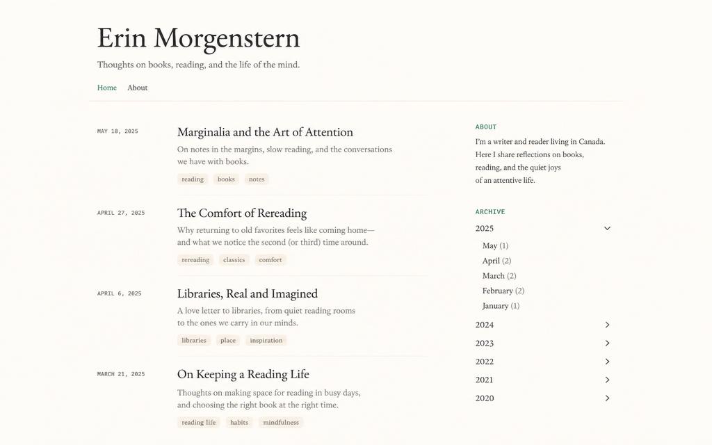Personal blog template — Focused reading experience with tags and archives.