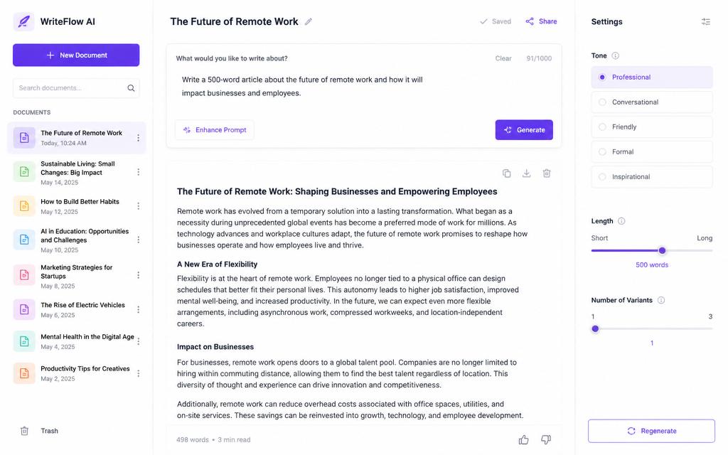 AI writing tool template — AI-powered writing assistant with prompt editor and history.