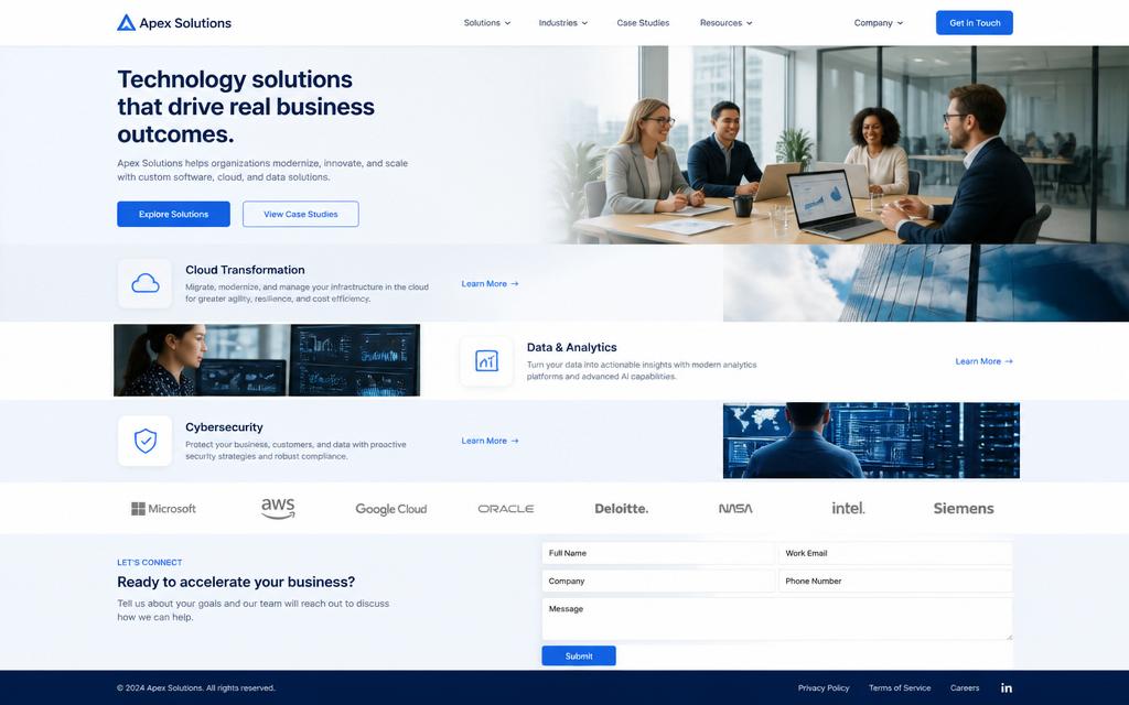 Marketing website template — Multi-section marketing site with navigation and contact form.